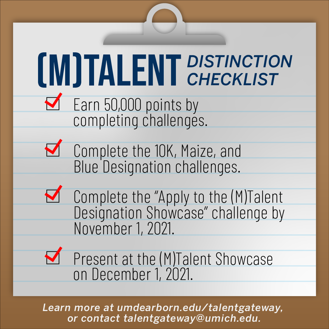 (M) Talent Distinction Checklist: 1. Earn 50,000 points by completing challenges, 2. Complete the 10k Maize and Blue Designation Challenges, 3. Complete the "Apply to (M) Talent Designation Showcase" challenge by November 1, 2021., 4. Present at (M) Talent Showcase on December 1, 2021.