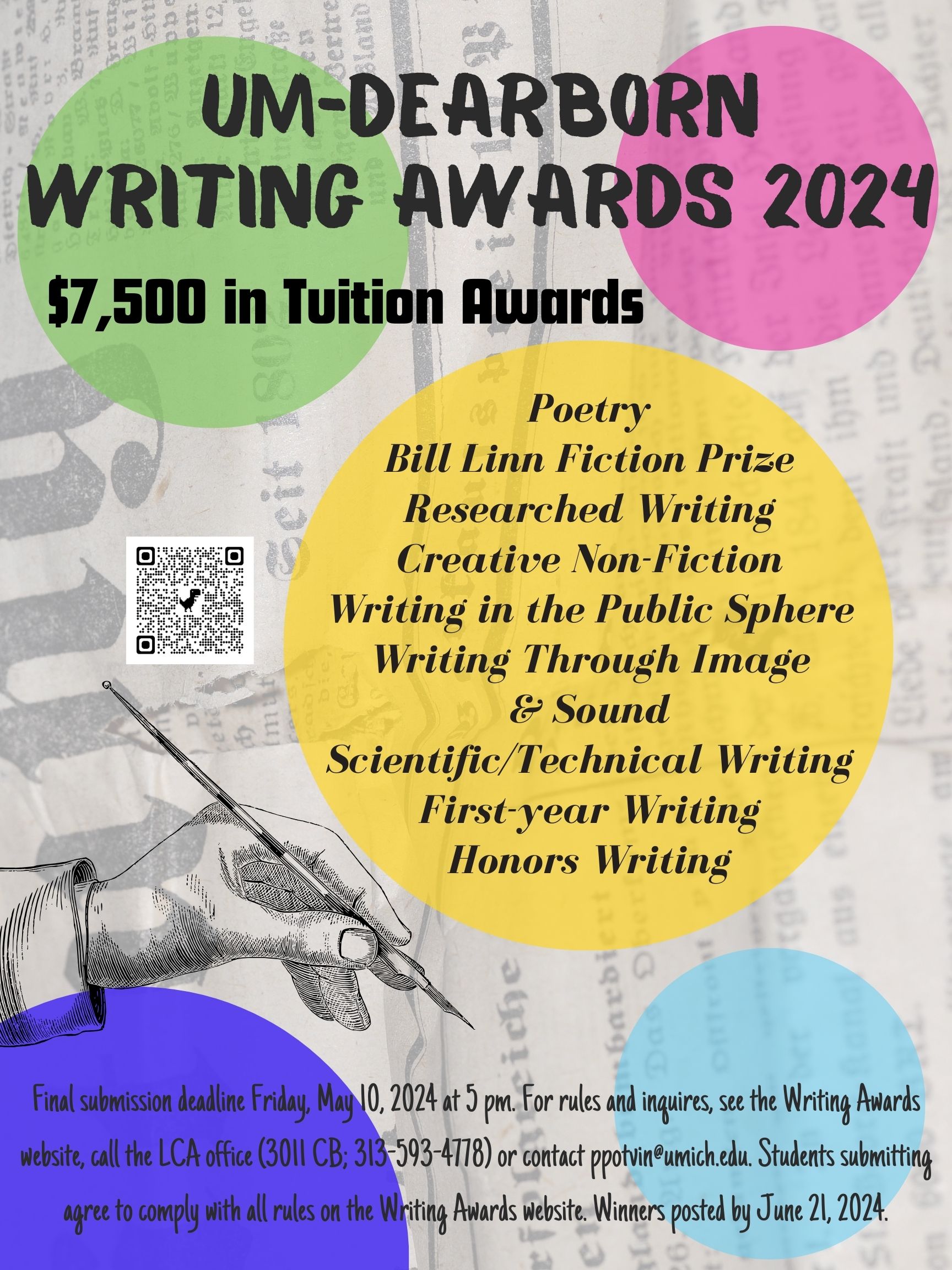 UM-Dearborn Writing Awards 2024. $7,500 in Tutition Awards. Final submission deadline Friday, May 10, 2024 at 5 pm. For rules and inquires, see the Writing Awards website, call the LCA office (3011 CB; 313-593-4778) or contact ppotvin@umich.edu. Students submitting agree to comply with all rules on the Writing Awards website. Winners posted by June 21, 2024.