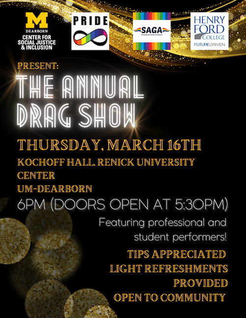 A black graphic with gold accents detailing information about the 2023 Drag Show.