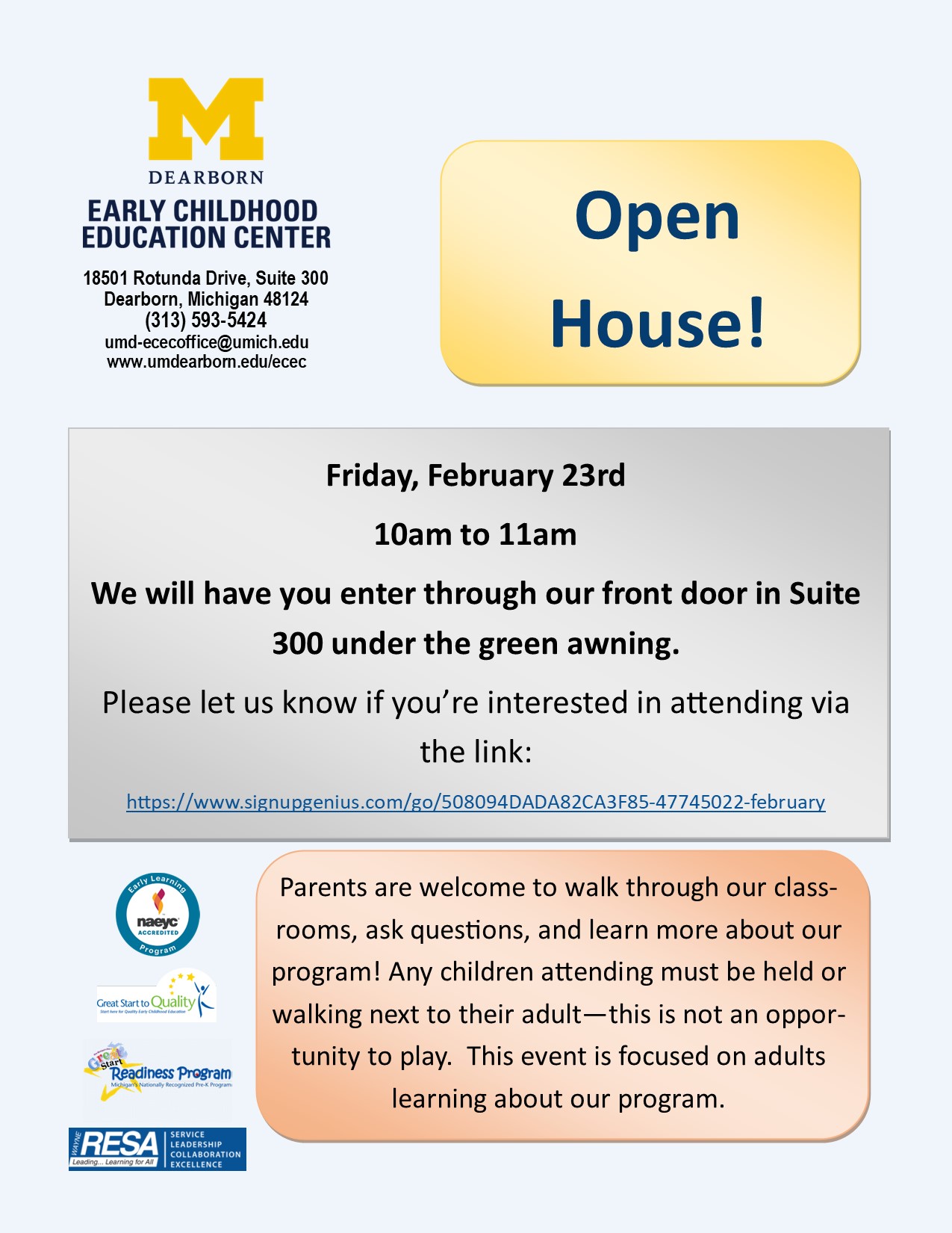 The ECEC is hosting an Open House on Friday, February 23rd from 10am to 11am for future and perspective families to see our program! Program staff will be available to answer questions and you can see our classrooms