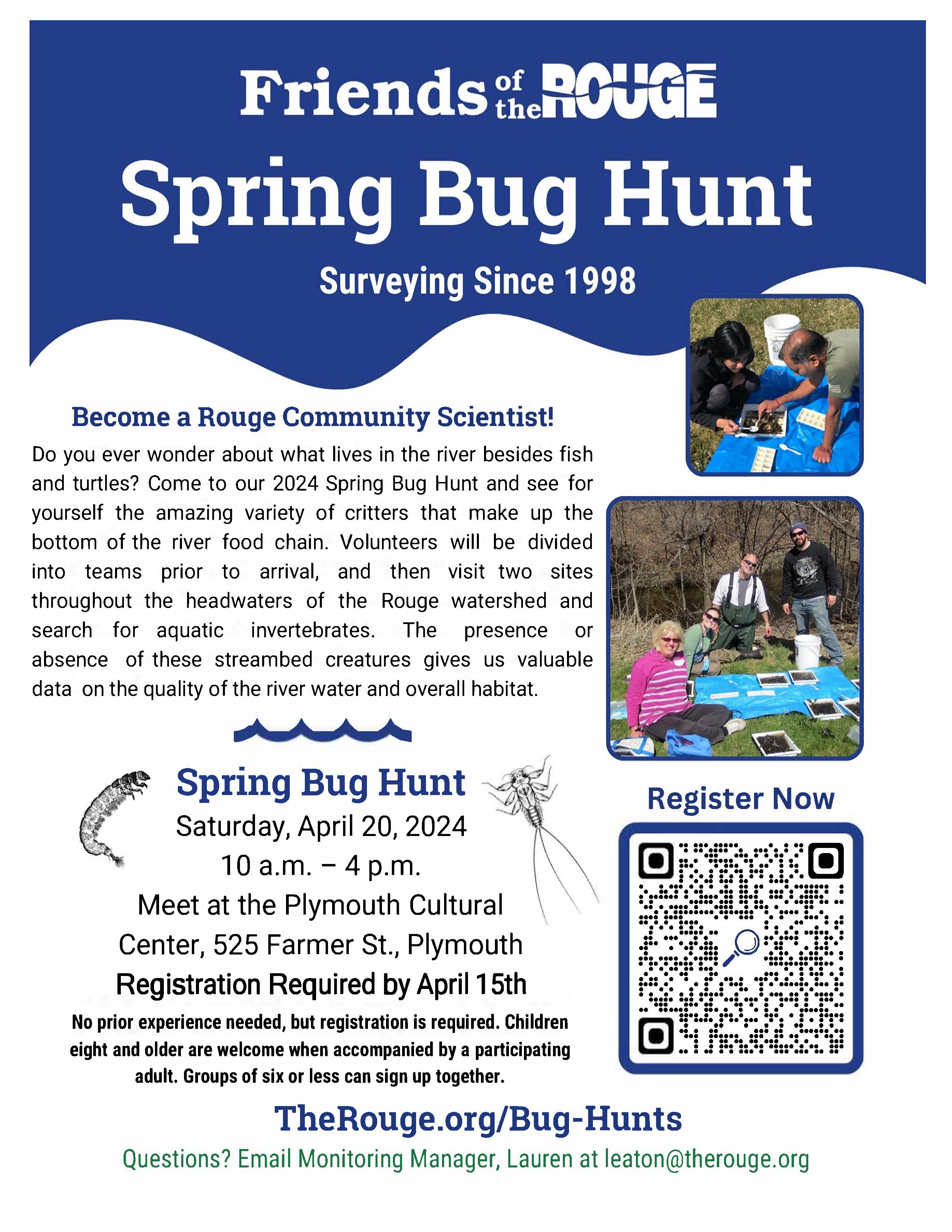 Flyer from Friends of the Rouge announcing the 2024 Spring Bug Hunt April 20, 2024 10am - 4pm meeting at Plymouth Cultural Center. Registration by April 15th.
