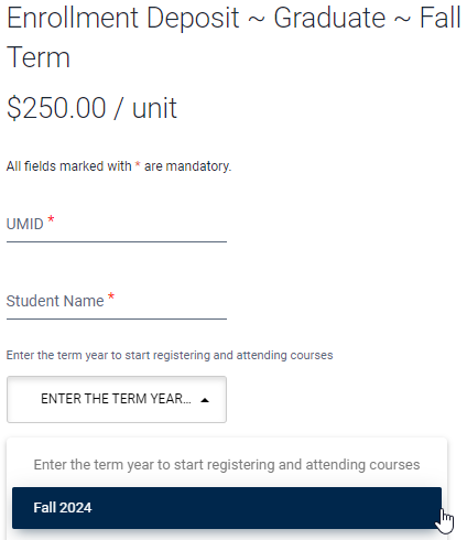 Graduate Enrollment Deposit UMID, Name, Term Year