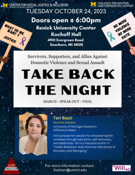 Flyer for Take Back The Night 2023 Featuring an image of the speaker.