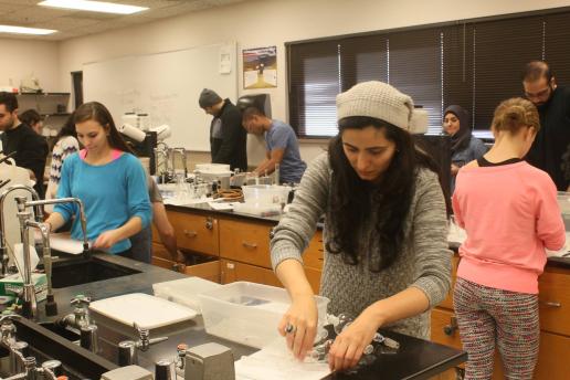 Students performing experiments in Chemistry lab