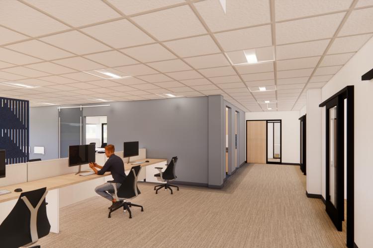An artist rendering of a new work area in the Renick University Center