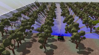 A screenshot of a simulation, featuring an off-road autonomous vehicle moving through an orchard