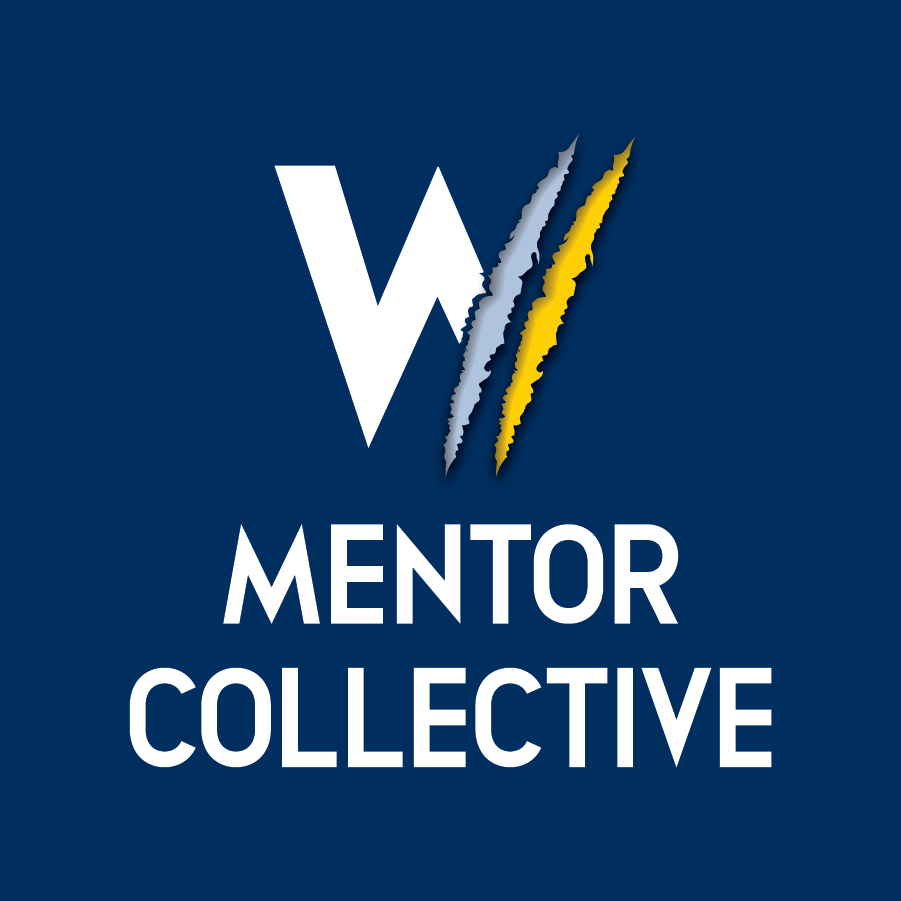 Mentor Collective text with logo on blue background.