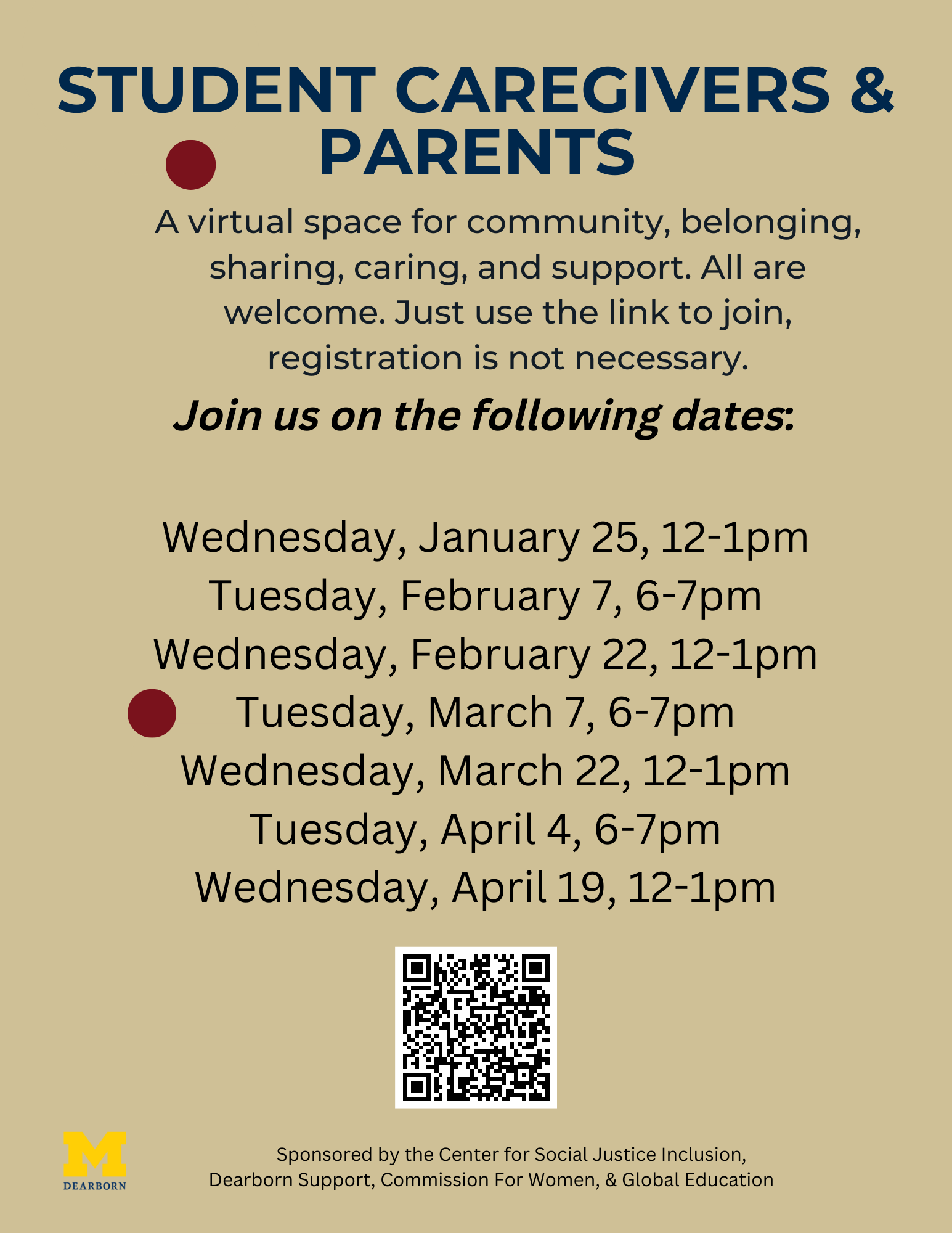 A graphic with a beige background and text detailing information about Student Caregivers and Parents support group