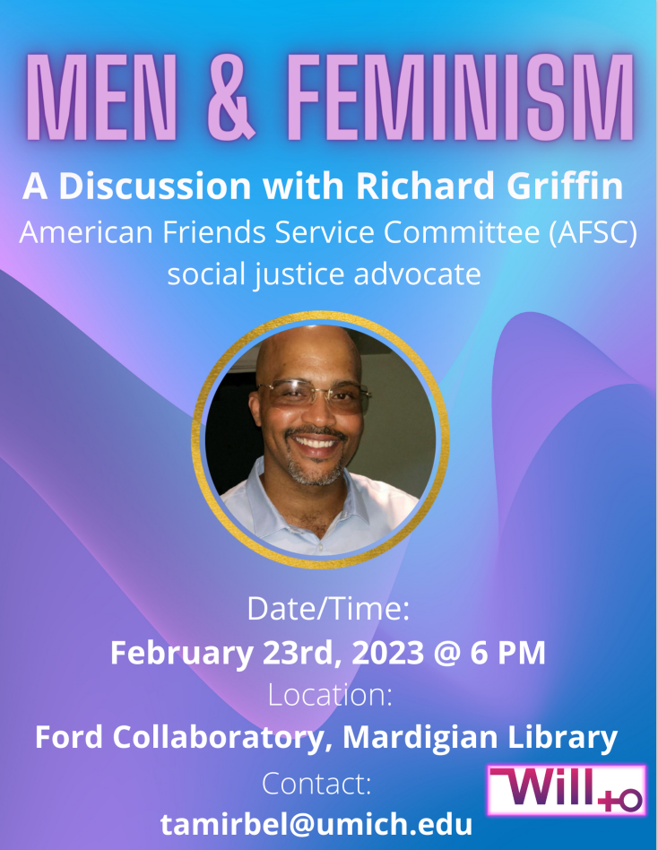 a flyer for a will+ discussion about men and feminism
