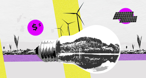 A collage graphic featuring an oversized lightbulb containing icons that represent the fight against climate change, including reforestation, wind turbines and solar panels.