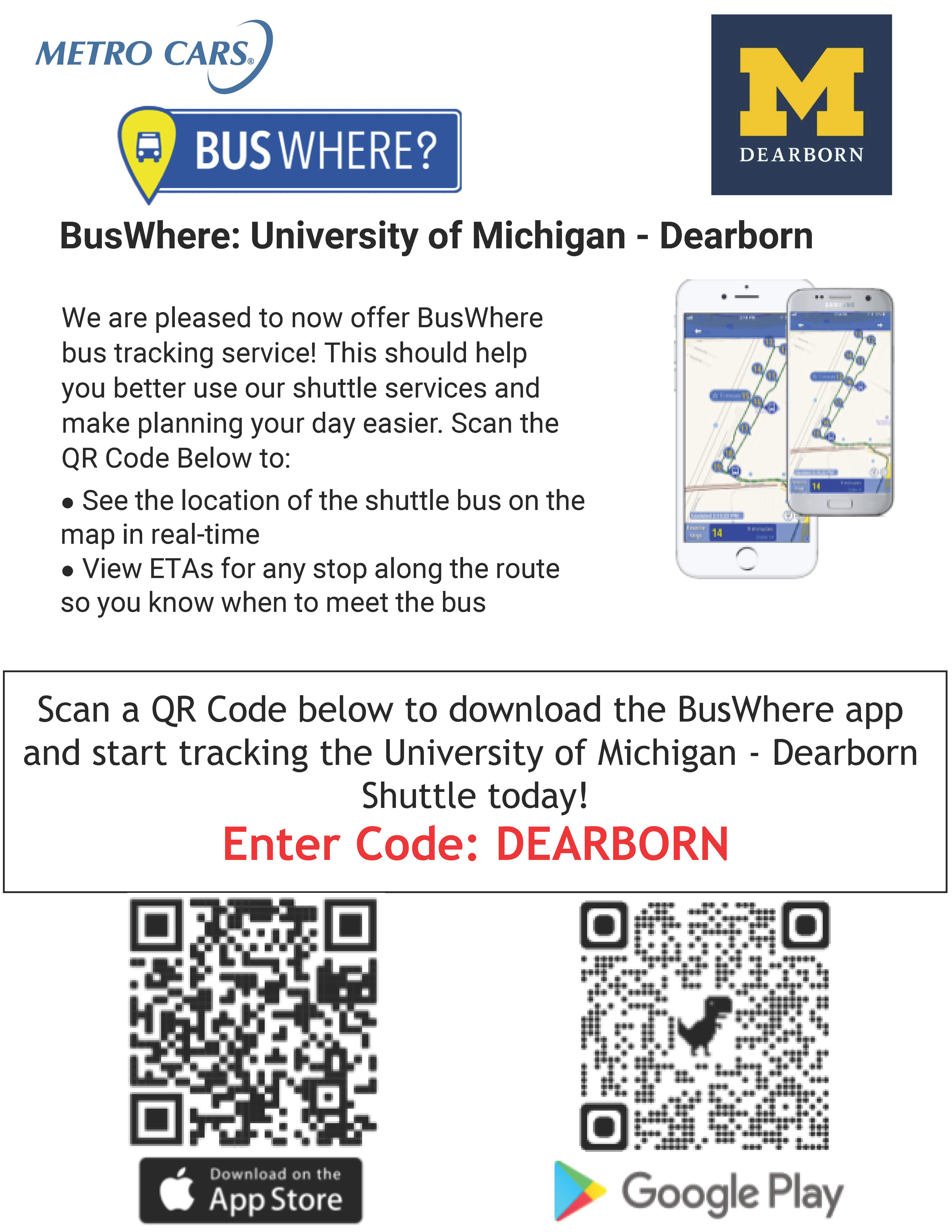 Flyer with QR Code to view the shuttle location in real-time
