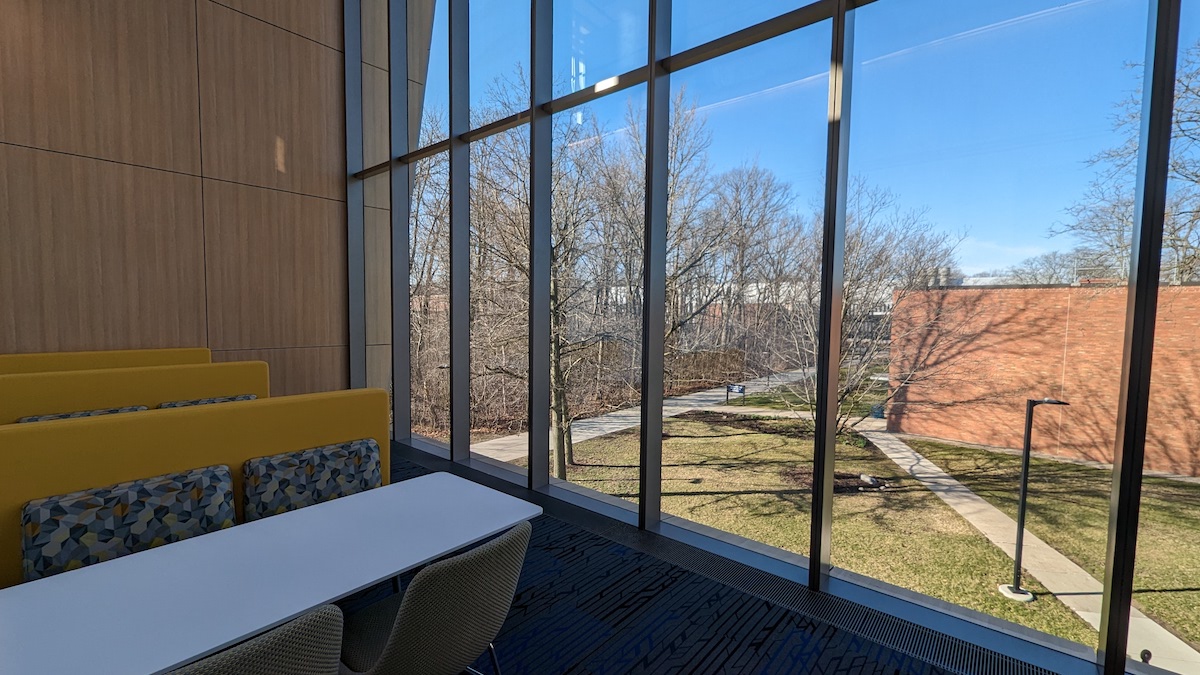  While studying, students enjoy an early spring view outside of the ELB. 