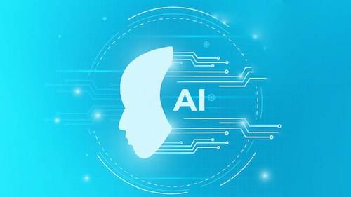  A graphic representing artificial intelligence, featuring a computer chip patterned background and a robotic face in the foreground 