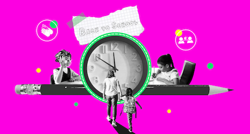  A collage graphic showing a back to school scene of students learning both remotely and in-person. 