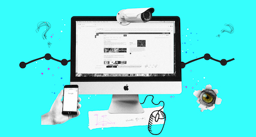  A collage graphic representing the surveillance issues in remote learning, featuring elements like a computer, webcam, smart phone and an all-seeing eye. 