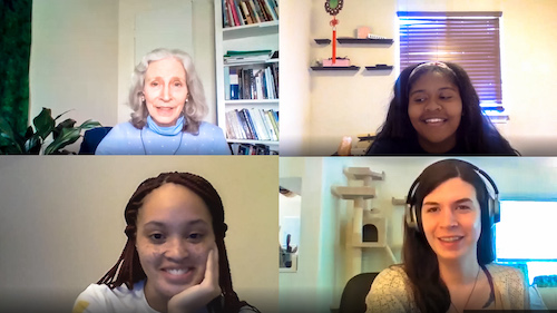  Screenshots of recent CAPS webinars featuring CAPS counselor Jessica Ryder, peer mentors Grace Tate and Kamara Gardner, and CAPS counselor and social worker Joanna Ransdell. 