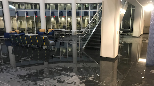  Intense storms on Friday and Saturday left the atrium of the CASL building flooded. 