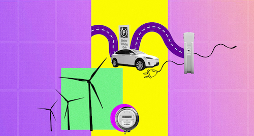  A collage graphic representing renewable energy, featuring solar panels, wind turbines, smart meters and electric vehicles. 