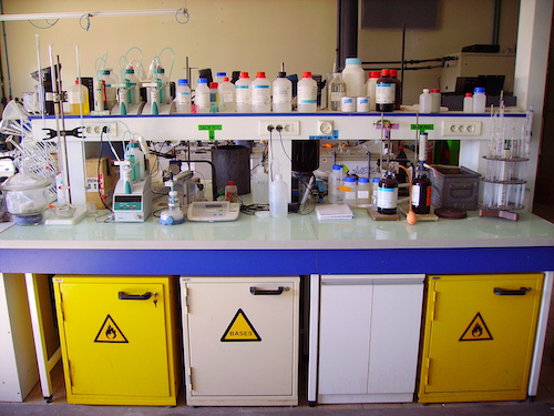 Chemicals on laboratory bench