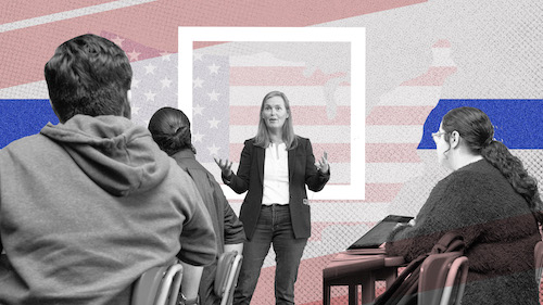  A collage graphic featuring a social studies teacher expressively teaching to a high school class with red, white and blue themed graphics in the background 