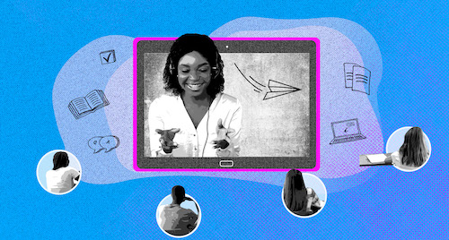  A collage graphic showing a middle school teacher inside a large computer screen remotely teaching four students who float around her in their own "bubbles." 