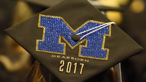 Mortar board with M block and commencement 2017