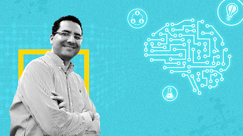  A collage graphic featuring Computer and Information Science Professor Marouane Kessentini, flanked by iconography representing artificial intelligence. 