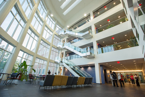  The light-filled atrium of the CASL Building on the UM-Dearborn campus. 