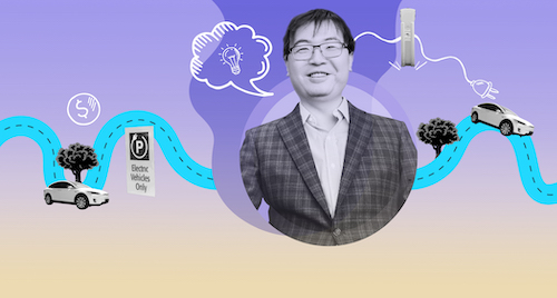  A collage graphic featuring a headshot of Professor Wencong Su and iconography representing electric vehicles. 