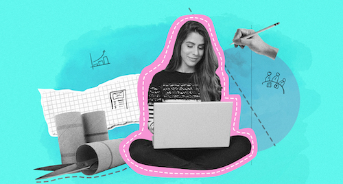  A collage graphic showing a young woman working with a laptop surrounded by art supplies and imagery of graphs and mathematical equations. 