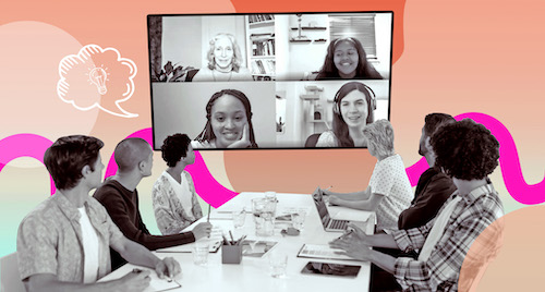  A collage graphic representing hybrid meetings, featuring six people gathered at a conference table looking at a large monitor displaying four people teleconferencing in. 