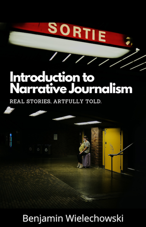 The cover image from "Introduction to Narrative Journalism," featuring a masked student holding a bag, waiting for a ride in a dimly lit parking structure.
