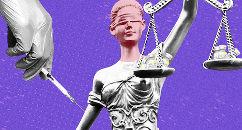 A graphic showing the Lady Justice statue, with her scales holding vials of the COVID-19 vaccine. A hand from the right administers the vaccine into her bare arm. 