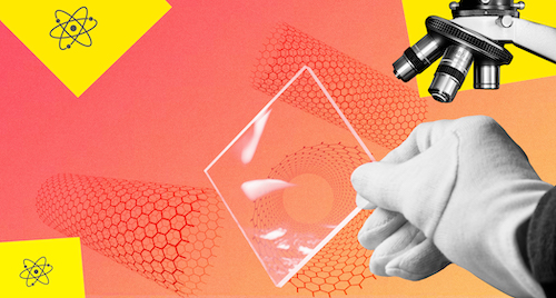  A collage graphic representing materials science, featuring a high-powered microscope, a gloved hand, and representations of atomic structures. 