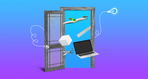  Objects for creative activities, including a ruler, laptop, paper and scissors, fly out of an opened door. 