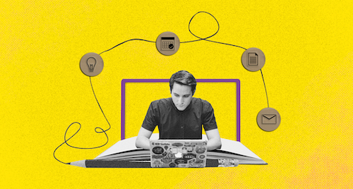  A collage graphic showing a young male student in front of a laptop, engaging in online learning. 