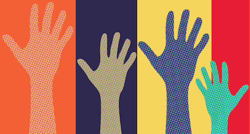  An illustration showing four raised hands of different colors, representing people stepping up to volunteer.