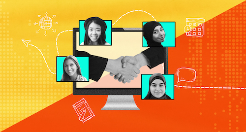  A collage graphic showing headshots of four UM-Dearborn students in the foreground and a computer screen with two people shaking hands in the background. 