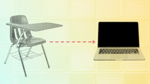 A graphic representing a switch from in-person to remote classes, showing a desk on one side, a laptop on the other, with an arrow connecting the two.