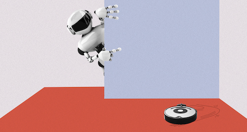  A graphic showing a futuristic humanoid robot looking around the corner at a Roomba doing its job in the next room. 