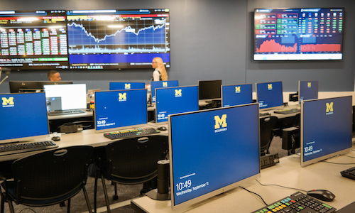  Students using the new computers and 90-inch monitors in the College of Business' Bloomberg Lab. 