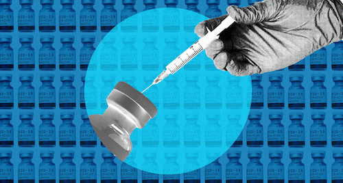 A collage graphic showing a gloved hand extracting a dose of the COVID-19 vaccine with a syringe.