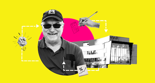  A collage graphic featuring CECS Dean Tony England, surrounded by college icons like the new Engineering Lab Building. 