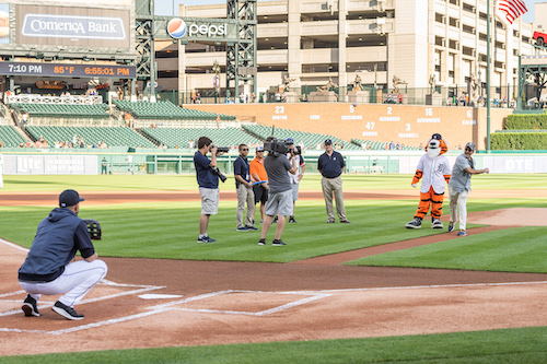  Chancellor Domenico Grasso throws out the first pitch at UM-Dearborn Night at Comerica Park. 