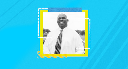  A graphics featuring a photo of UM-Dearborn custodian Walter Payne, smiling, wearing a white shirt and a striped tie. 