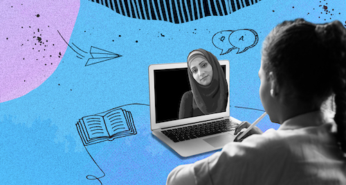  A elementary student doing a virtual tutoring session with a UM-Dearborn education student, who appears on a laptop in front of her. 