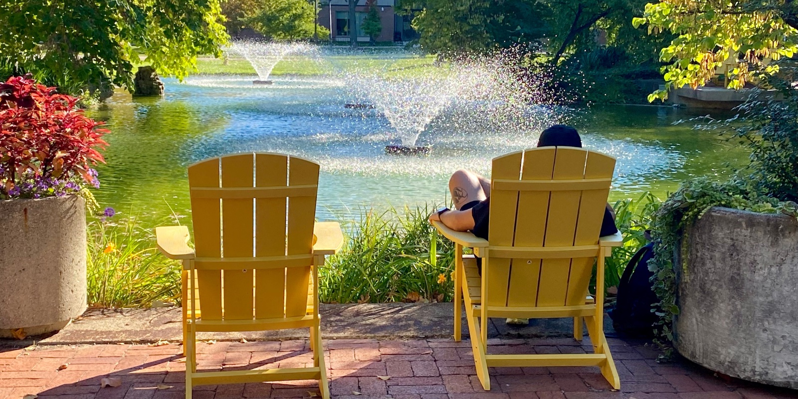 Male sitting in chair over looking the Chancellor's Pond on a beautiful summer day