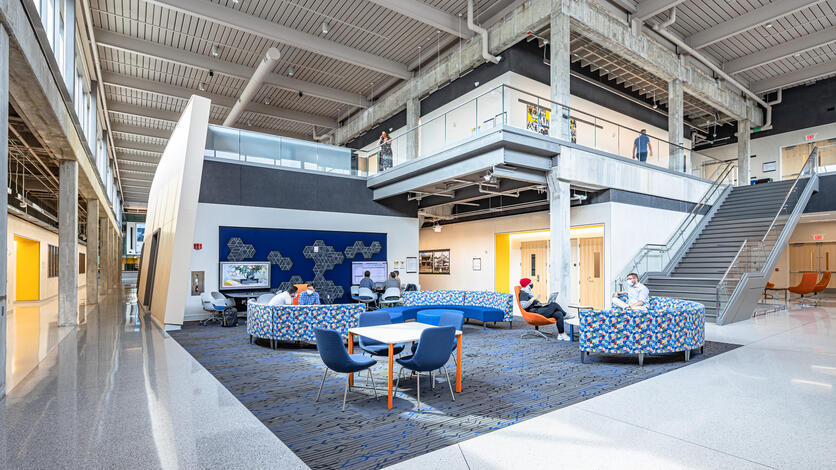   Students sit in one of the informal lounge areas inside the ELB's main entrance.