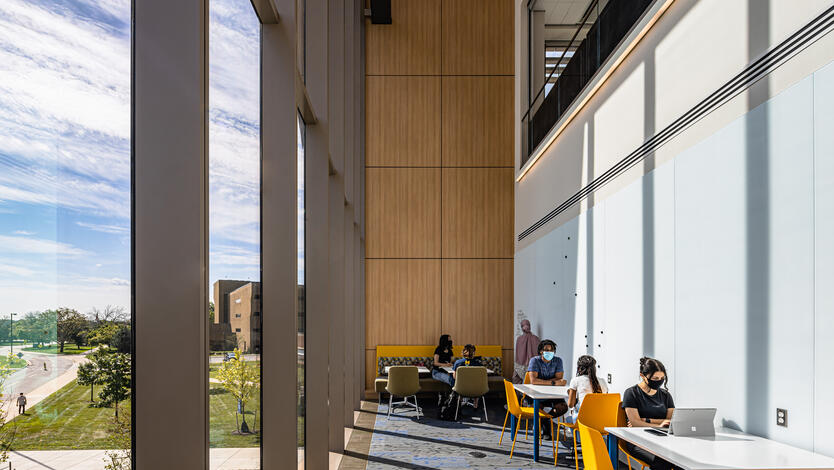 Students take advantage of the new lounge area inside the "tower" section of the building.