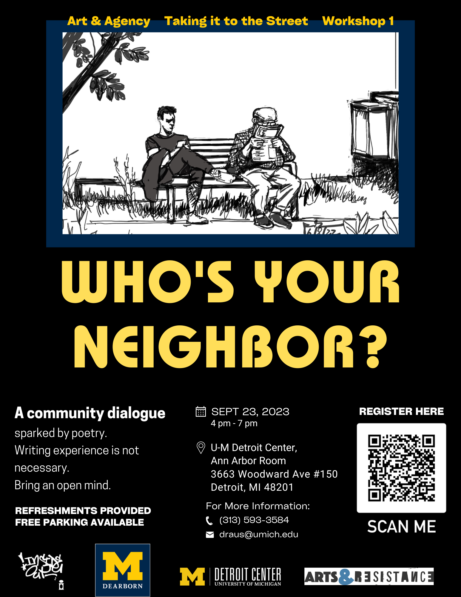 a flyer of "who's your neighbor?" from 4-7 pm on september 23rd at the UM detroit center